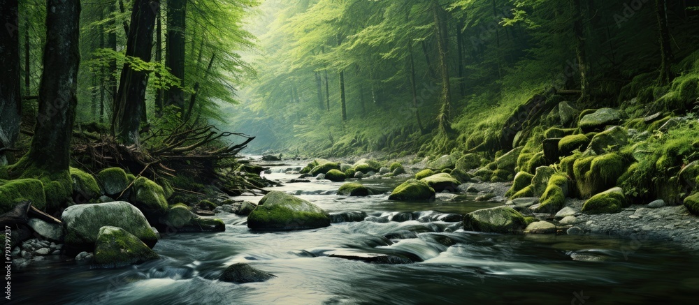 Poster stream in forest with rocks and trees