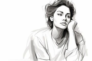 A woman is shown with her hand placed on her head, reflecting a thoughtful expression as she appears deep in contemplation