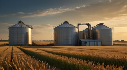 Fototapeta na wymiar Wheat field with silos. agricultural production storage. agricultural idea.generative.ai