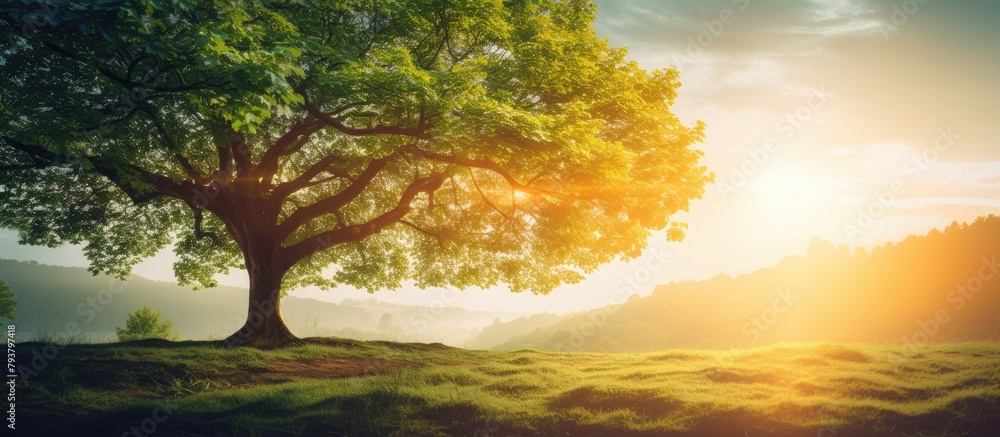 Poster sunlight filtering through trees in a field