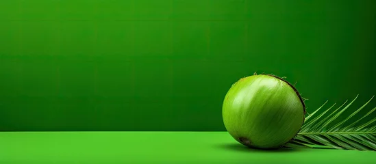 Poster Green coconut and palm leaf on verdant backdrop © Ilgun