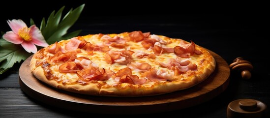 Pizza with ham and cheese on wooden surface
