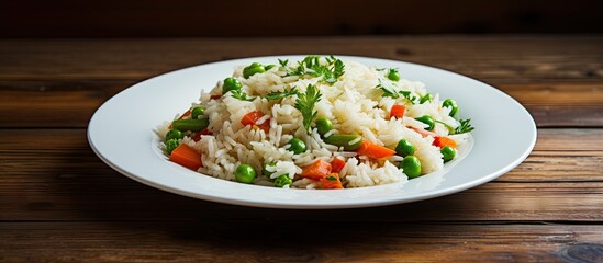 Plate of rice and veggies on wooden table