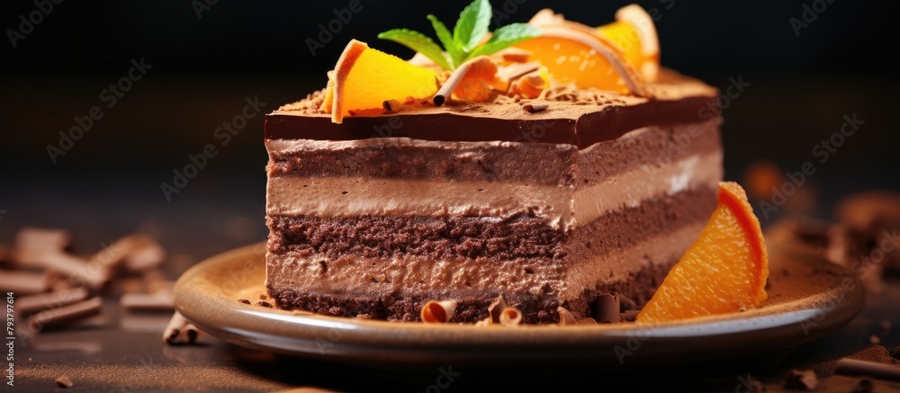 Wall mural Chocolate cake slices with fresh oranges on a plate