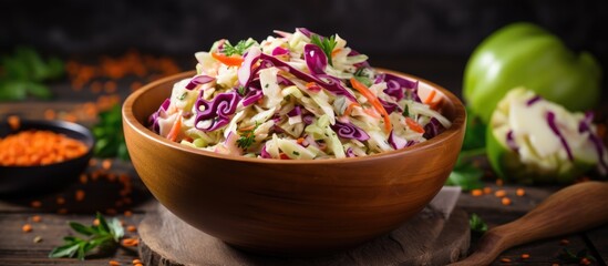 Wooden bowl of slaw, carrots by green apple