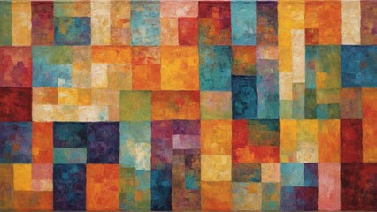 Abstract art with a vivid mosaic of colors. The composition resembles a complex patchwork of shapes.