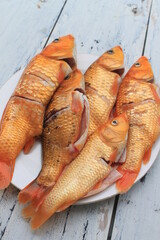 5 raw red gold fish in a white plate on the table

