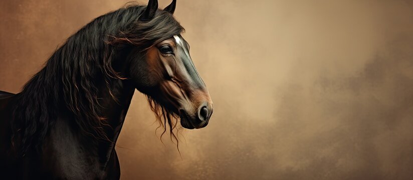 Majestic equine portrait with lush mane and dark visage