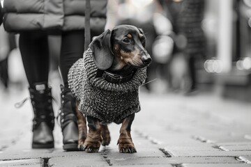 Dachshund in sweater being walked by person