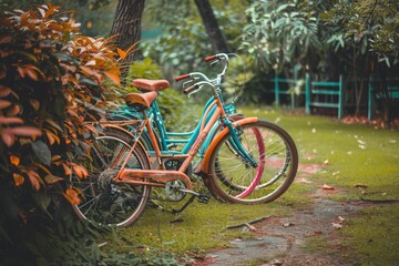 Fototapeta na wymiar Two bicycles symbolize shared travel.