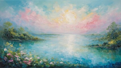 Impressionist painting depicting a serene lakeside scene. Artistic interpretation of nature's tranquility.