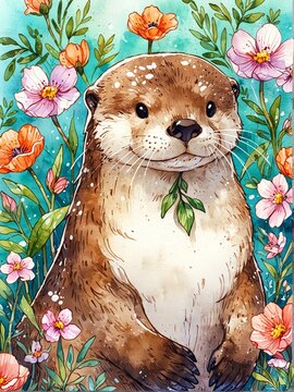 This image captures an endearing otter in the midst of vibrant pink flowers, looking serene with a green leaf in its mouth