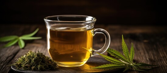 Glass cup of tea with marijuana leaf on wooden surface