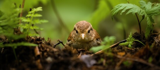 A bird perched amid soil