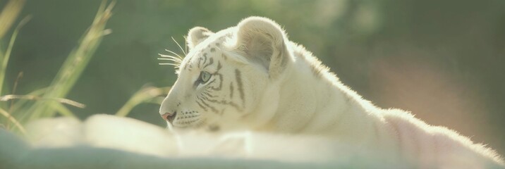 White tiger laying down in grass