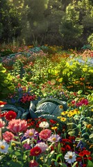 Obraz premium Thriving Vegetable Garden Surrounded by Vibrant Wildflowers,Promoting Biodiversity