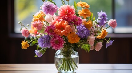 A vibrant array of colorful flowers fills a vase, creating a lively and eye-catching display