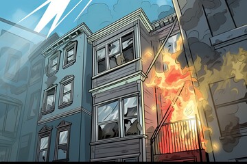 A drawing depicting a raging fire burning in front of an apartment building, with smoke billowing out of windows. The intense flames are a stark contrast against the buildings facade - obrazy, fototapety, plakaty