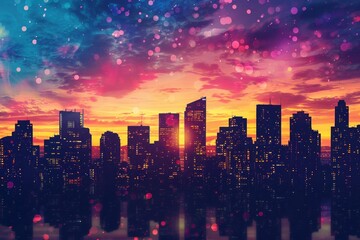 Artistic image of city skyline at sunset. with skyscrapers contrasting with the colorful sky.