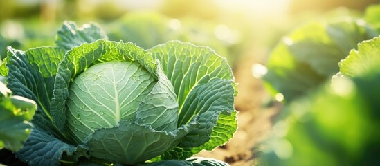 A single cabbage plant thrives in the center of a vast field - obrazy, fototapety, plakaty