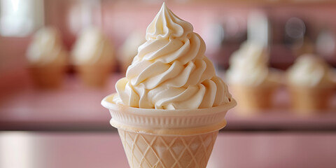 Wafer classic vanilla soft ice cream cone close up. Neutral pink ice cream shop interior on background.