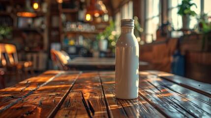 Indoors, white thermos bottle on wooden table