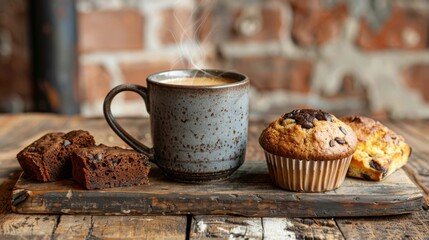 Artisan Coffee and Chocolate Muffins on Wooden Board - obrazy, fototapety, plakaty