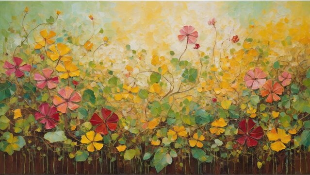 Abstract painting of flowers exuding an abundance in warm tones. The artwork is rich with textures and botanical elements.