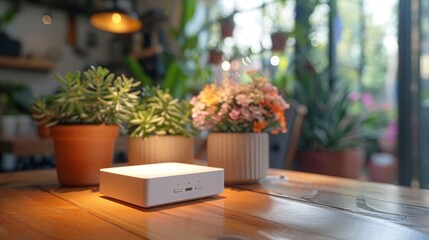 An indoor white Wi-Fi router is placed on a wooden table - obrazy, fototapety, plakaty