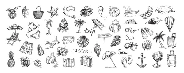 Hand-drawn sketch set of travel icons. Tourism and camping adventure icons. Сlipart with travelling elements, bags, transport, map, palm, seashells, bikini.