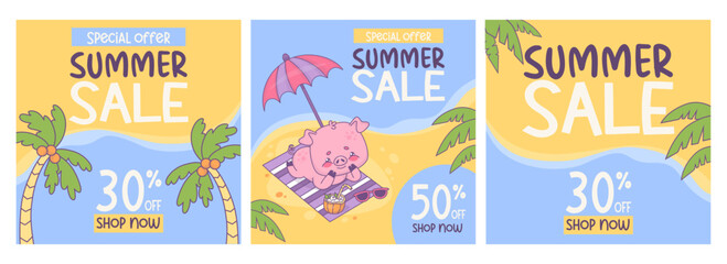 Fototapeta na wymiar Summer sale square cards with smiling pig sunbathing resting under sun umbrella and palm trees. Funny relaxing cartoon animal character. Isolated gift discount shopping posters. Vector illustration