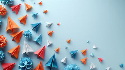 There is a collage with a lot of paper planes on white background. This is an origami piece.