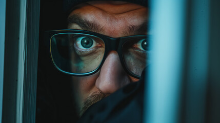 Close-up of a cautious man peeking through a gap with a focused look, wearing glasses.
