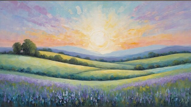 A vibrant painting captures the sunrise over serene lavender fields. The artwork exudes peace and natural beauty.