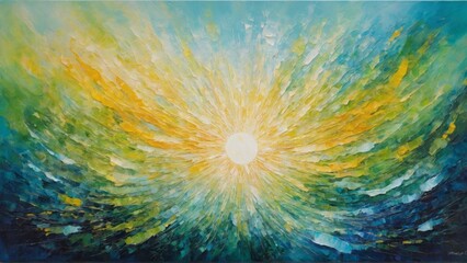 An abstract painting depicting a burst of sunlight radiating warmth and energy. The piece employs vivid, dynamic brushstrokes.