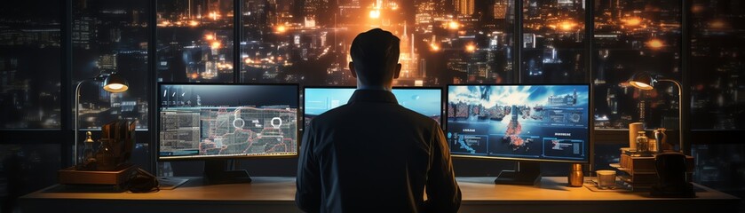 cybersecurity expert, monitoring data on a large screen, in a network operations center, atmosphere of vigilance and focus, wide angle photography style, avoid any personal data display