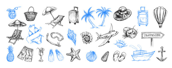 Hand-drawn sketch set of travel icons. Sea Tourism and adventure icons. Сlipart with travelling elements, transport, palm, seashells, luggage, beach, diving equipment.