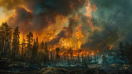 Landscape ravaged by wildfires, with billowing smoke and charred trees, destructive impact of climate change-induced wildfires on ecosystems