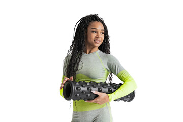 Curly haired female trainer in workout clothes, cut out