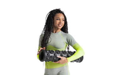 Curly haired female trainer in workout clothes, cut out