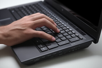 Hands writing on computer keyboard with white background. Topics related to the business world. Computer related topics. Image for graphic designer. Telework. Coworking. Hands and computer. Computer w