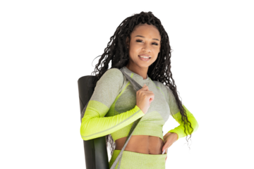 Curly haired female trainer in workout clothes, cut out