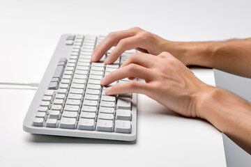 Hands writing on computer keyboard with white background. Topics related to the business world. Computer related topics. Image for graphic designer. Telework. Coworking. Hands and computer. Computer w
