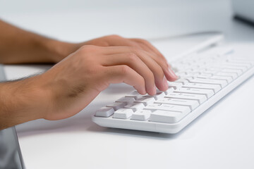 Hands writing on computer keyboard with white background. Topics related to the business world. Computer related topics. Image for graphic designer. Telework. Coworking. Hands and computer. Computer w
