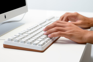 Hands writing on computer keyboard with white background. Topics related to the business world. Computer related topics. Image for graphic designer. Telework. Coworking. Hands and computer. Computer w