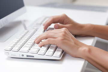 Hands writing on computer keyboard with white background. Topics related to the business world. Computer related topics. Image for graphic designer. Telework. Coworking. Hands and computer. Computer w