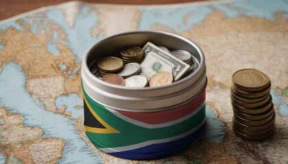 A jar with money featuring the South Africa flag rests on a map. Saving money for vacation, leisure. Financial planning, travel savings, holiday fund