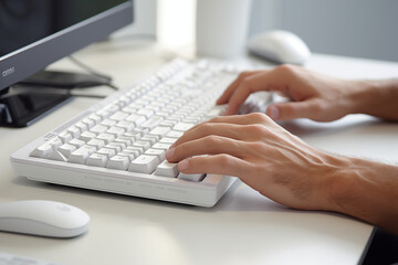 Hands writing on computer keyboard with white background. Topics related to the business world. Computer related topics. Image for graphic designer. Telework. Coworking. Hands and computer. Computer w