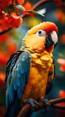 Obraz premium colorful parrot, perched on a vibrant tropical tree, mimicking sounds, in a lush rainforest, atmosphere of exoticism and color, closeup photography style, avoid showing caged environments