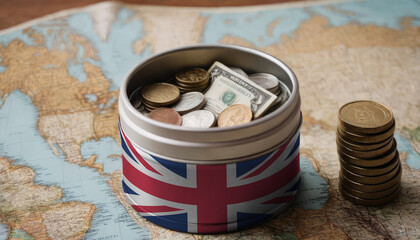 A jar with money featuring the United Kingdom flag rests on a map. Saving money for vacation, leisure. Financial planning, travel savings, holiday fund